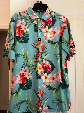 Bad Birdie Teal Tropical Floral Polo